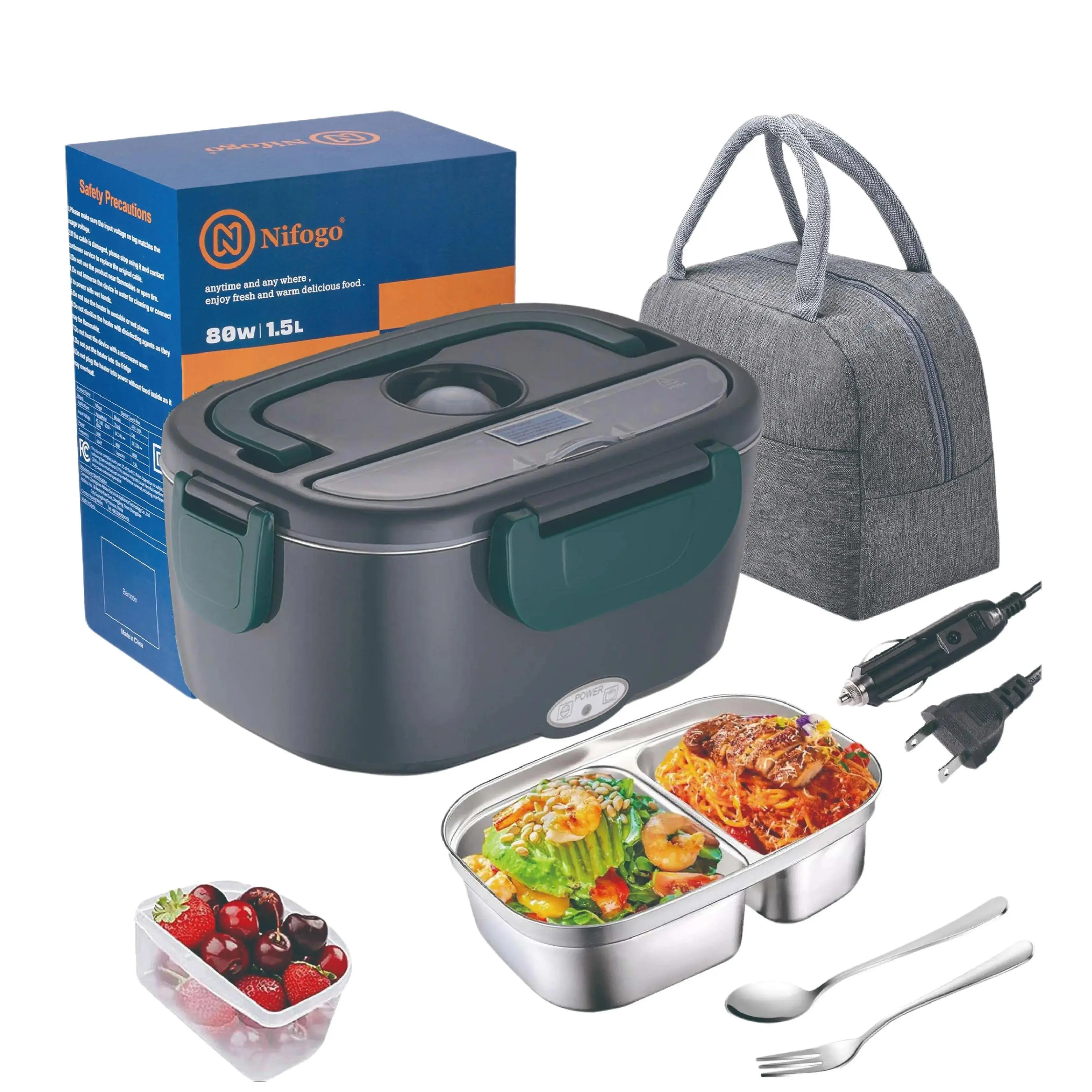 Electric Heated Lunch Box with 80W Power, 12-24V Quick Heat, On-the-Go Portable Design, BPA-Free, Leak-Proof, Insulated Bag, Fork & Spoon Included Modern Tableware