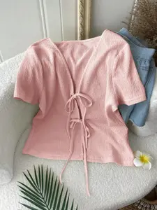 Women's Front Knot Knitted Soft Loose Short Sleeve Top, Sexy Cute Casual Fashion, Spring Summer, Ladies' Stylish Pullover, Womenswear