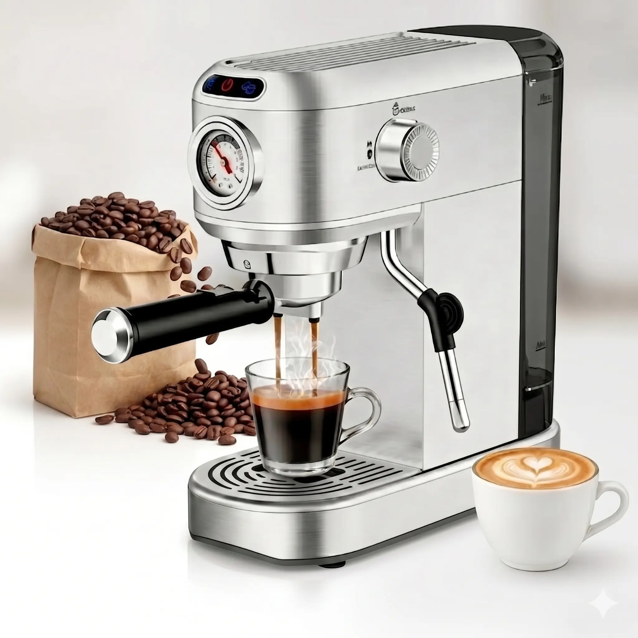 Semi-Automatic Espresso Coffee Machine - 20-Bar Pressure, 1450W Stainless Steel Compact Model, 34oz Water Tank, Steam Wand Milk Frother, For At Home Espresso Lattes & Cappuccinos, Ideal Gift For Christmas, Birthdays, Father’s Day For Coffee Lovers