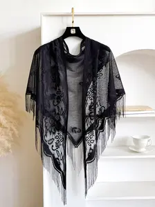 Women's Floral Lace Fringe Trim Shawl, Lace Sheer Shawl, Casual Elegant Breathable Scarf for Daily Wear, Floral Pattern Shawl, Fashion Accessories for Women & Girls