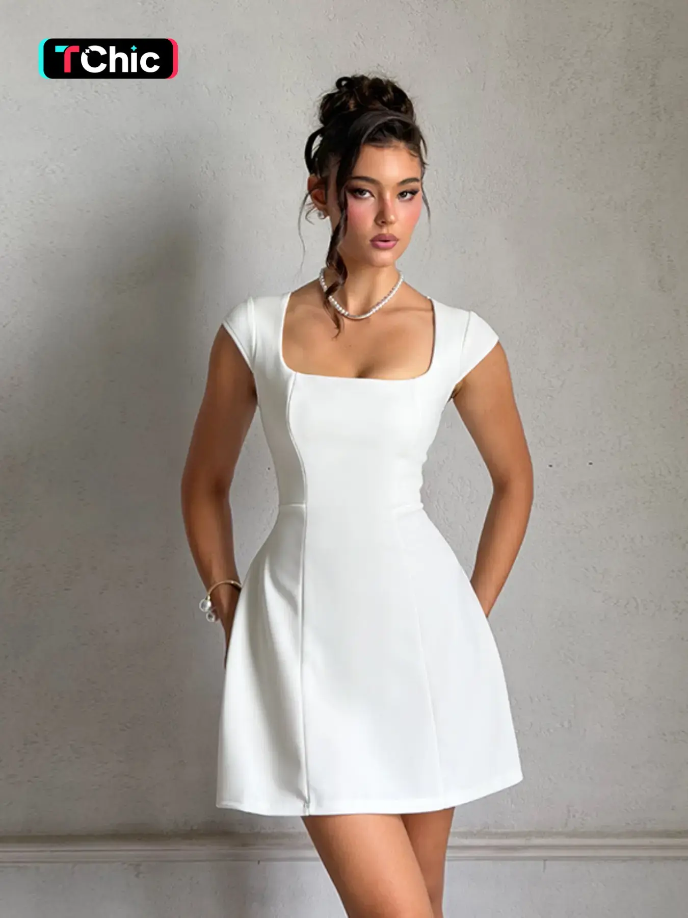 Women's Plain Square Neck A Line Dress, Formal Wear, Elegant Cap Sleeve Short Dress for Party Holiday Wedding Guest, Ladies Fall Clothes