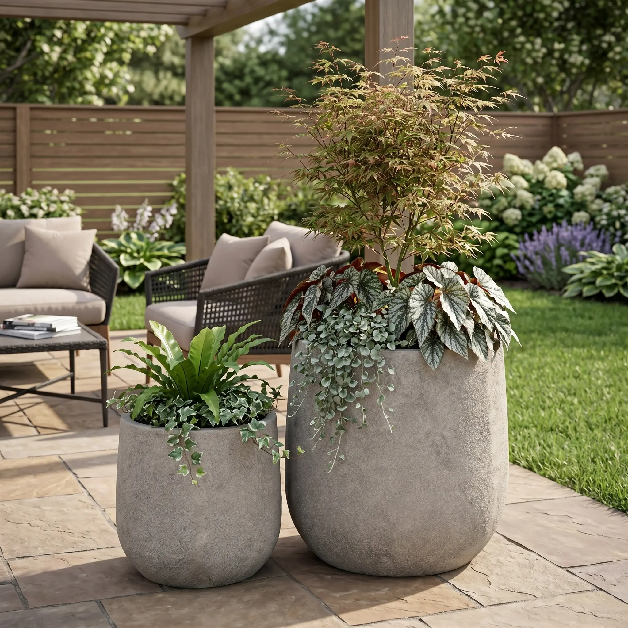 DOMISO Concrete Planter Set of 2, Large Handmade Rustic Decorative Planter Pots Containers with Drainage Holes for Home Garden Patio