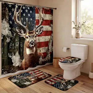 4pcs Vintage American Flag Deer Shower Curtain Set – Soft Thick Fabric with Rustic Wildlife Design, 4th of July Inspired Bathroom Decor, Bathroom Decoration Accessories, Extra Plush Bath Mats for Cozy Patriotic Ambiance, Bathroom Supplies
