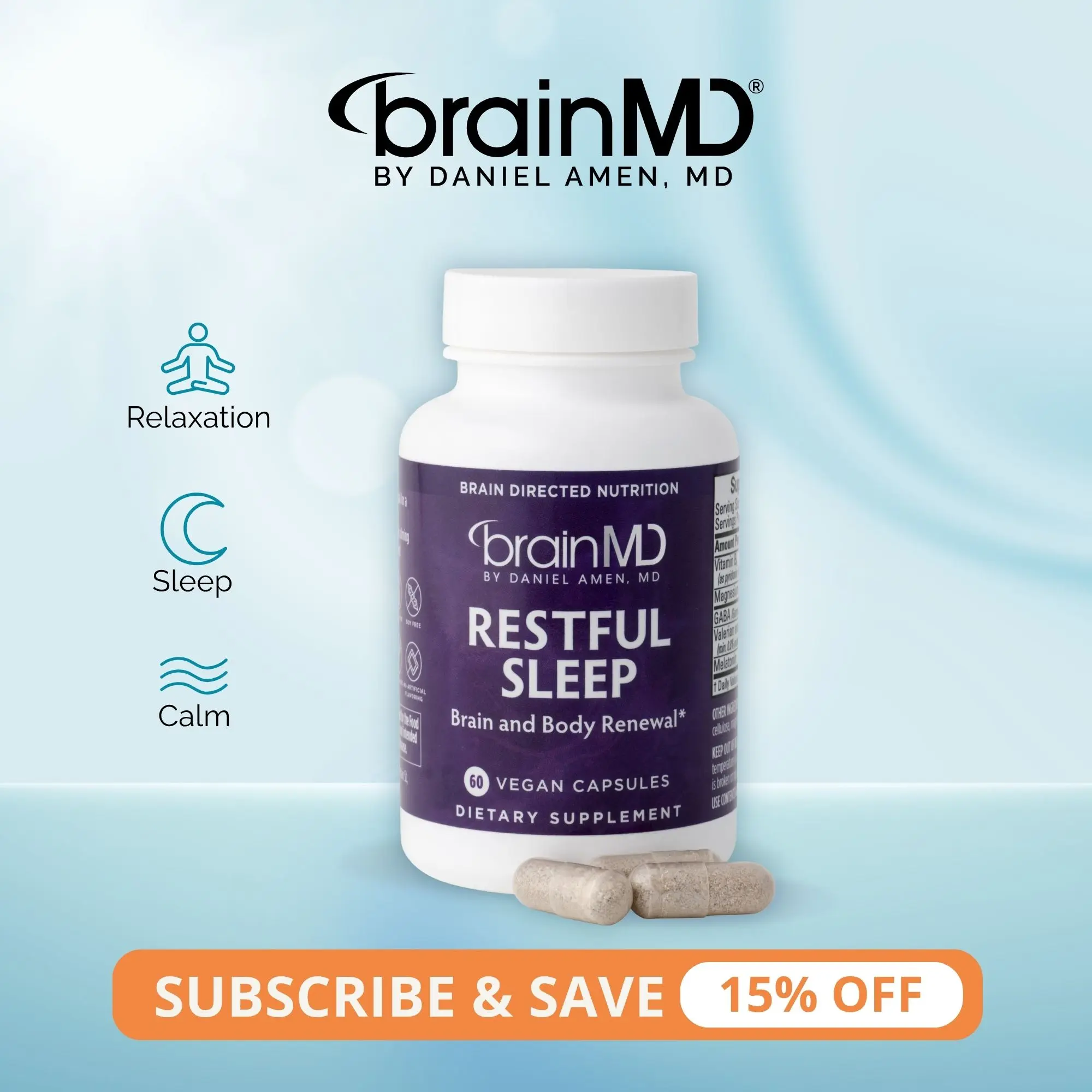 Restful Sleep | BrainMD | 60 Capsules | Sleep Support with Melatonin | Relaxation & Calm | GABA, Valerian & Vitamin B6