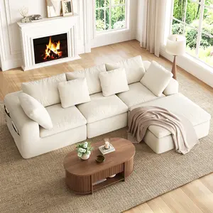 Sikaic Modular Sectional Sofa with Ottoman, Convertible L-Shape Cloud Couch for Living Room, Chenille Deep Seat Sleeper with Storage Pockets, Beige | Reversible, Boneless, Breathable Material, No-Assembly Required sofas living room