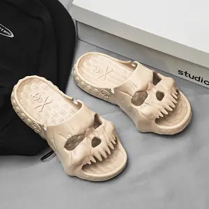 [Open Toe Slides For Beach] Men's Skull Slides, Casual Non Slip Slippers, Open Toe Shoes For Indoor Outdoor Beach Shower, Spring And Summer Footwear Boy Dance Weight Parent Bathroom Flipflop Tsinelas Arch