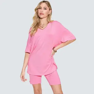 Basic Bae Women's Comfortable Full Size V-Neck Drop Shoulder T-Shirt and Shorts Set, Basic  Pink Matching Womenswear Suits