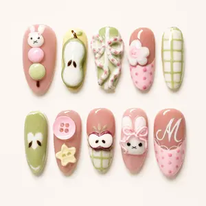Kawaii Bunny Press On Nails with Pink & Matcha Green Colors, 3D Rabbit Charms, Apple Designs & Sweet Dessertcore Nail Art Set