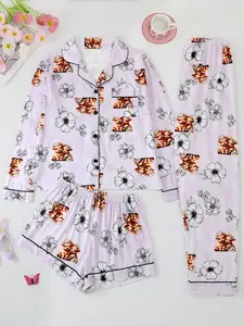 3 piece set Women's Sleepwear Set, Long Sleeve Button-Down Cardigan, Pants & Shorts, Floral Cow Print, Casual Loose Fit, All Seasons, Pajama Set