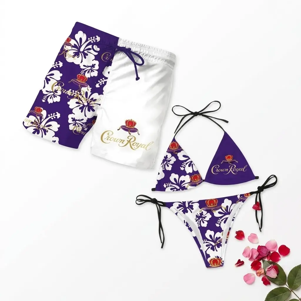 Matching Couples Tropical Hibiscus Swimwear Set, Purple Floral Triangle String Bikini & Men's Quick Dry Swim Trunks, Beach Vacation Swimsuit, Summer Pool Party Bathing Suit, Resort Swimwear, Vacation Outfit Gift