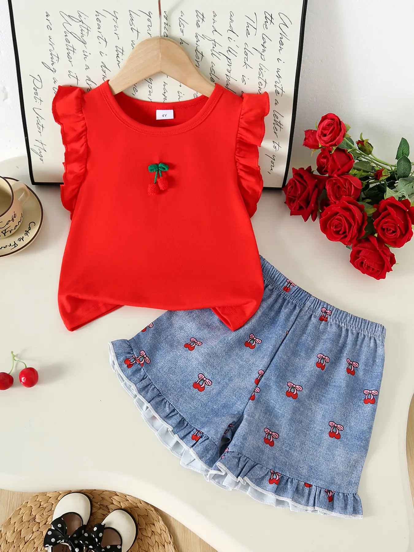 Cute Cherry Decor Sleeveless Vest Set for Girls, Ruffle Hem Shorts, Casual Summer Outfits for Ages 2-7, Kids Fashion Clothing