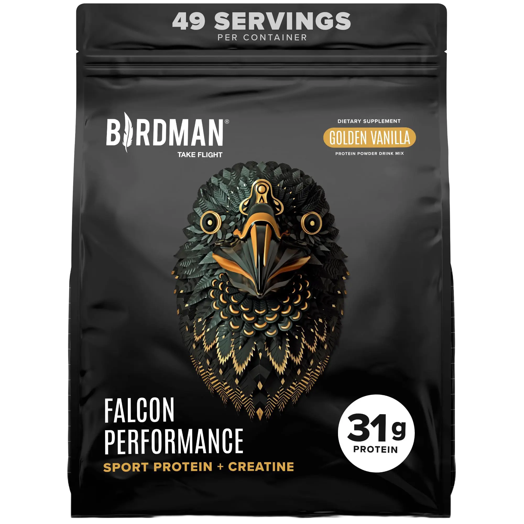 Birdman Falcon High Performance Lifestyle Protein Powder - Golden Vanilla, 5lbs, Vegan, Sugar Free, Dairy Free Plant Supplement - 31g Protein, 5g Creatine Monohydrate - Fitness Dietary Aid for Muscle Gain & Recovery