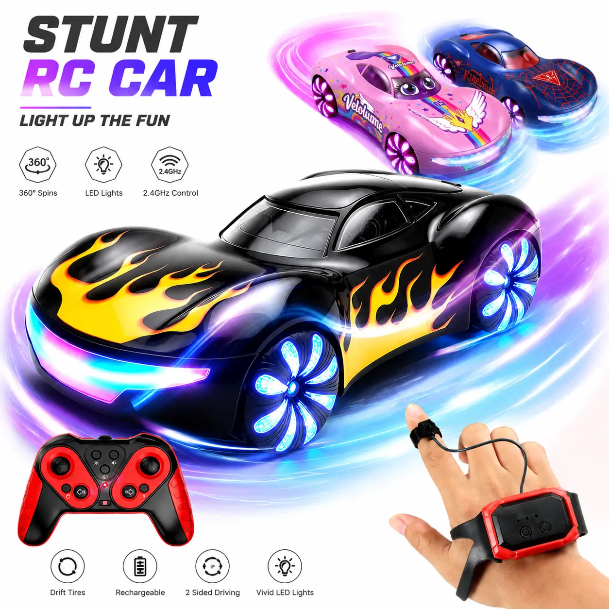 Unisex Sports Car Theme Gesture Sensing RC Stunt Car - 4WD Hand Controlled, 360° Spinning Drift, Mist Spray, Light-Up LED Wheels, 50 Min Playtime, Includes Cells, Toy