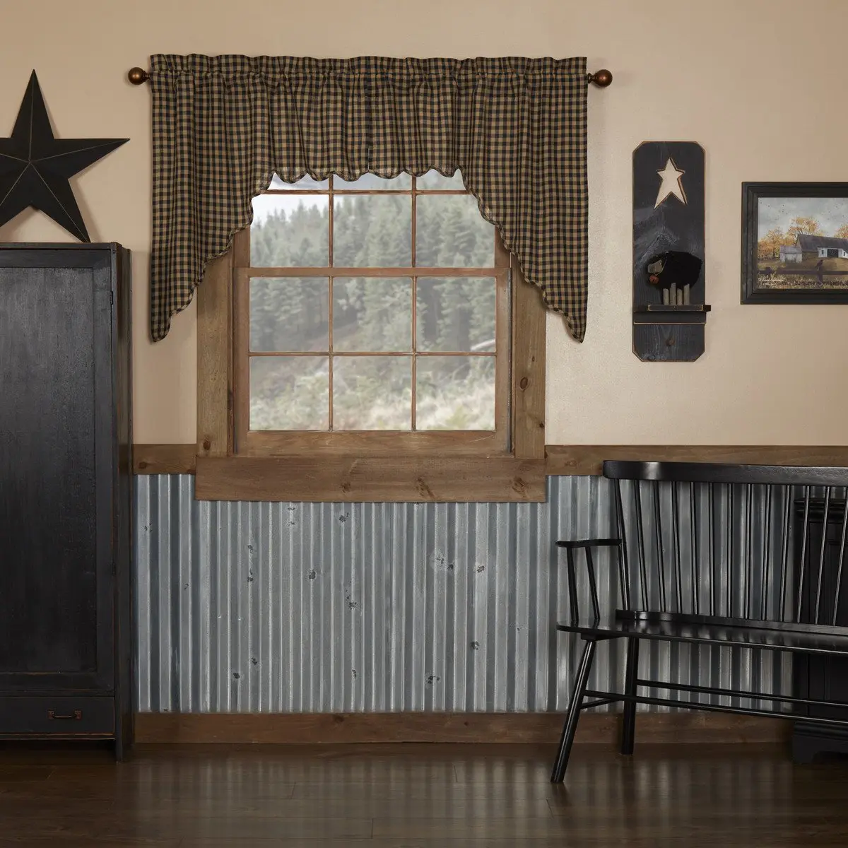 Blackstone Farm Swag Curtains, Modern Farmhouse Home Decoration Curtain, Dark Scalloped Edge Interior Decoration Accessories, Curtain Rod, Dark Curtains