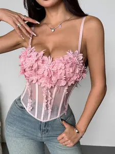 European and American Style 3D Floral Decoration, Sexy Mesh Sheer Backless Top, Fishbone Design, Push-Up Small Vest, Model 11843, Lady
