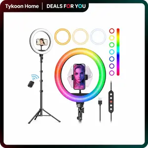 12" RGB Ring Light with 65" Tripod & Phone Holder, USB-Powered & Selfie Bluetooth Remote, 10 Dimming Levels & Multiple Colors for Recording/Streaming/Makeup/Vlog, Works with All Phones