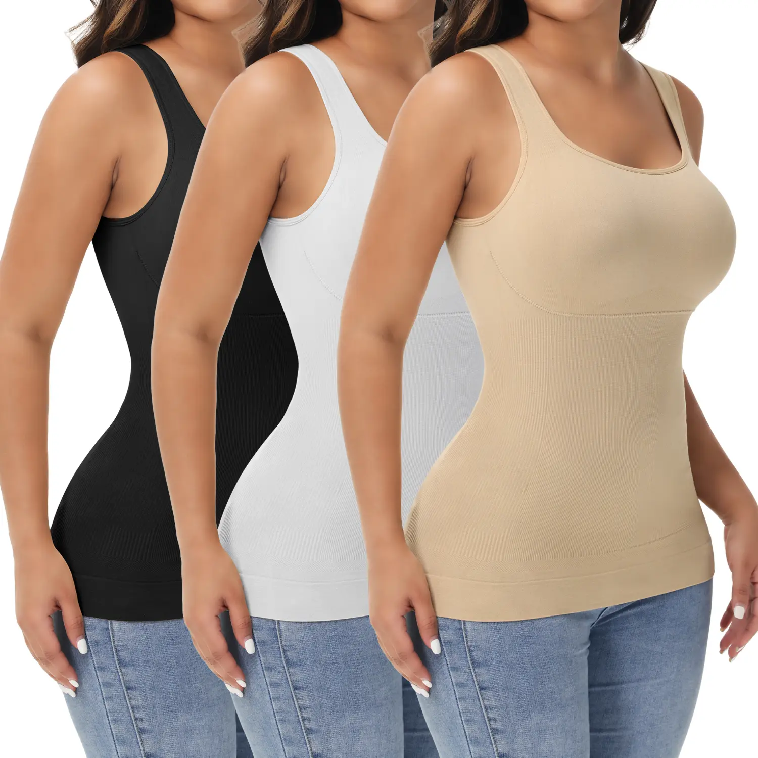 Women's Spandex-Nylon Abdominal Control Shapewear Tank Top - Square Neck Compression Cami Undershirt for Dresses, Fitness, Available in 2XL, 3XL, Black, Fitness Shapewear Undershirt