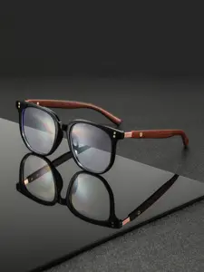 Men's PC Square Round Full Frame Glasses, Fashion Vintage Wood Grain Temple Decor, High Quality Lenses, Unisex Designer Eyewear, High Quality Eyeglasses, Trendy Frames