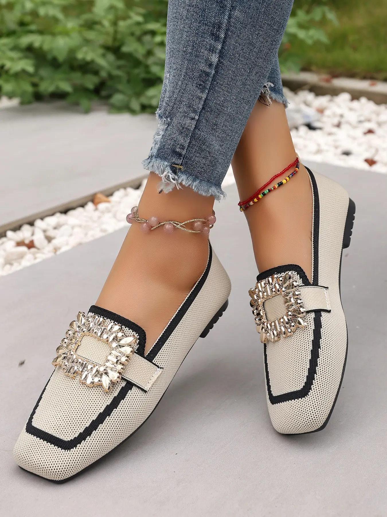Square Buckle Women's Loafers, Dress Loafers, Breathable Fabric, Rubber Sole, Party & Formal Wear, Comfortable, Durable, Trendy Design, Fashionable Flats, Walking Shoes, Footwear