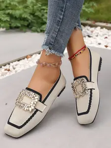 Square Buckle Women's Loafers, Breathable Fabric, Rubber Sole, Party & Formal Wear, Comfortable, Durable, Trendy Design, Walking Shoes