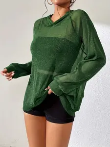 Women's Sheer Mesh Sparkly Pullover Hoodie Y2K Long Sleeve Glitter See Through Top Lightweight Loose Fit Festival Rave Outfits Going Out Party Club Shirt Beach Swimwear Cover Up Summer Spring Fashion Casual Blouse Trendy Streetwear
