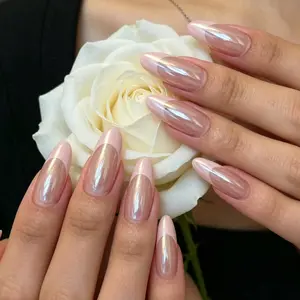 24 Pcs Chrome French Tip Press-On Nails, Nude Almond False Nails, Reusable Acrylic Nails, Elegant Simple Design, Multi-Pack