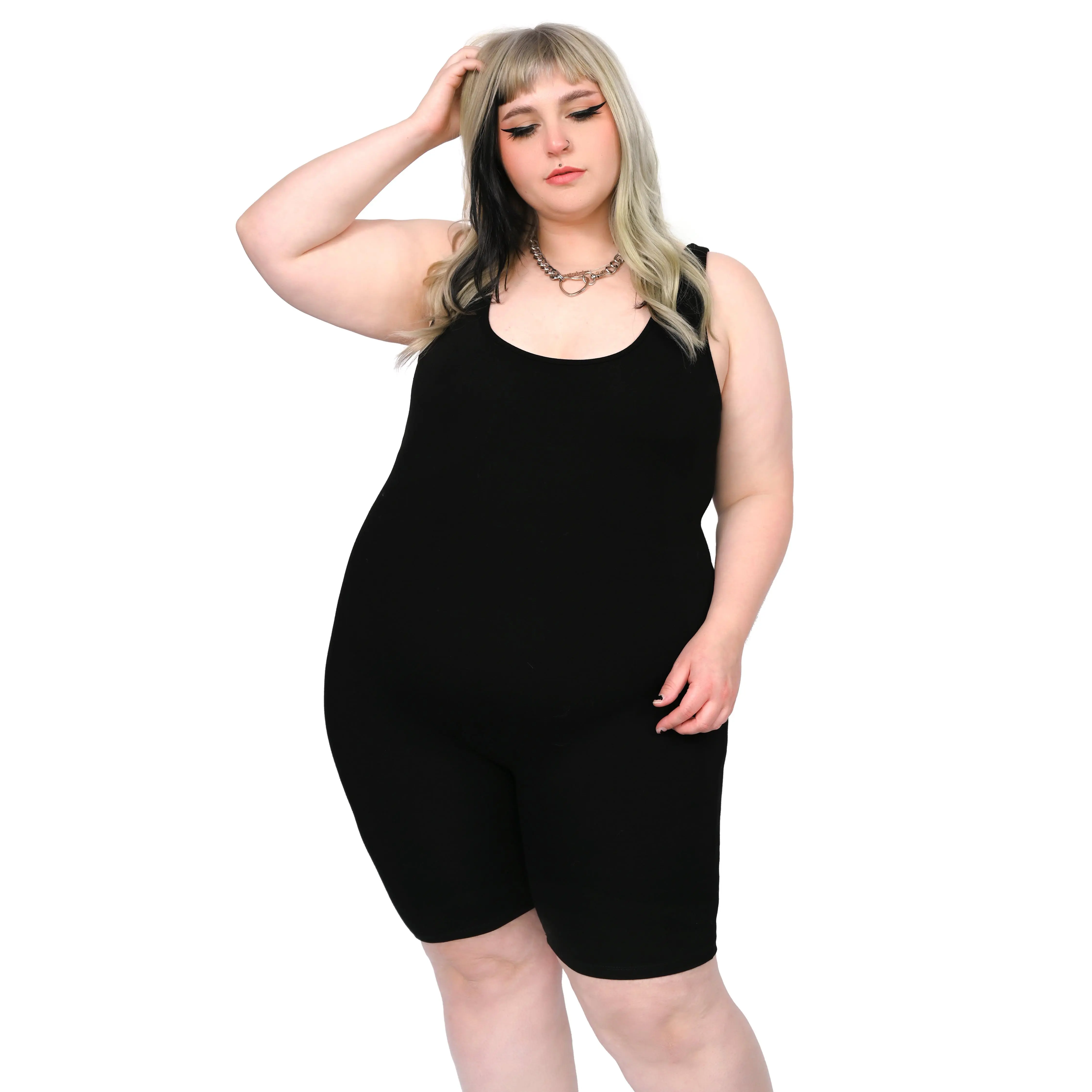 Women's Signature Biker Short Romper - Soft, Stretchy Lycra Fabric Bodycon Jumpsuit, Comfortable Viscose Fitted Style for Layering (Bodycon Style Jumpsuits & Rompers), Activewear Jumpsuit, Casual Sporty Jumpsuit