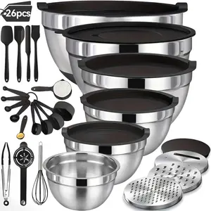 Stainless Steel Mixing Bowls With Lids Large Capacity Prep Bowls, Black & Khaki Dual Color Options, Reinforced Bottom Prevent Sliding