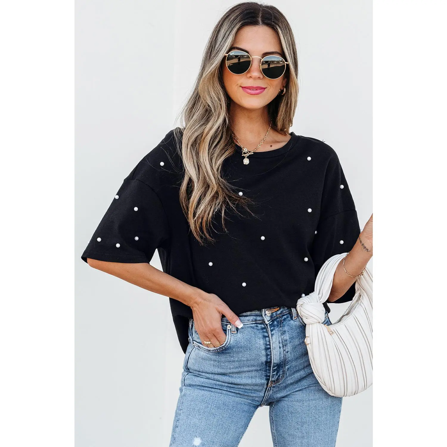 Black Pearl Beaded Drop Shoulder Crewneck T Shirt