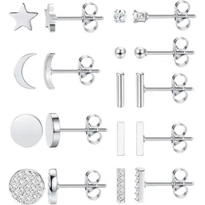FIBO STEEL 9 Pairs Stainless Steel Stud Earring Stack for Women Star Moon Bar CZ Earring Stud Sets Cute Hypoallergenic Small Non Tarnish Jewelry Decoration