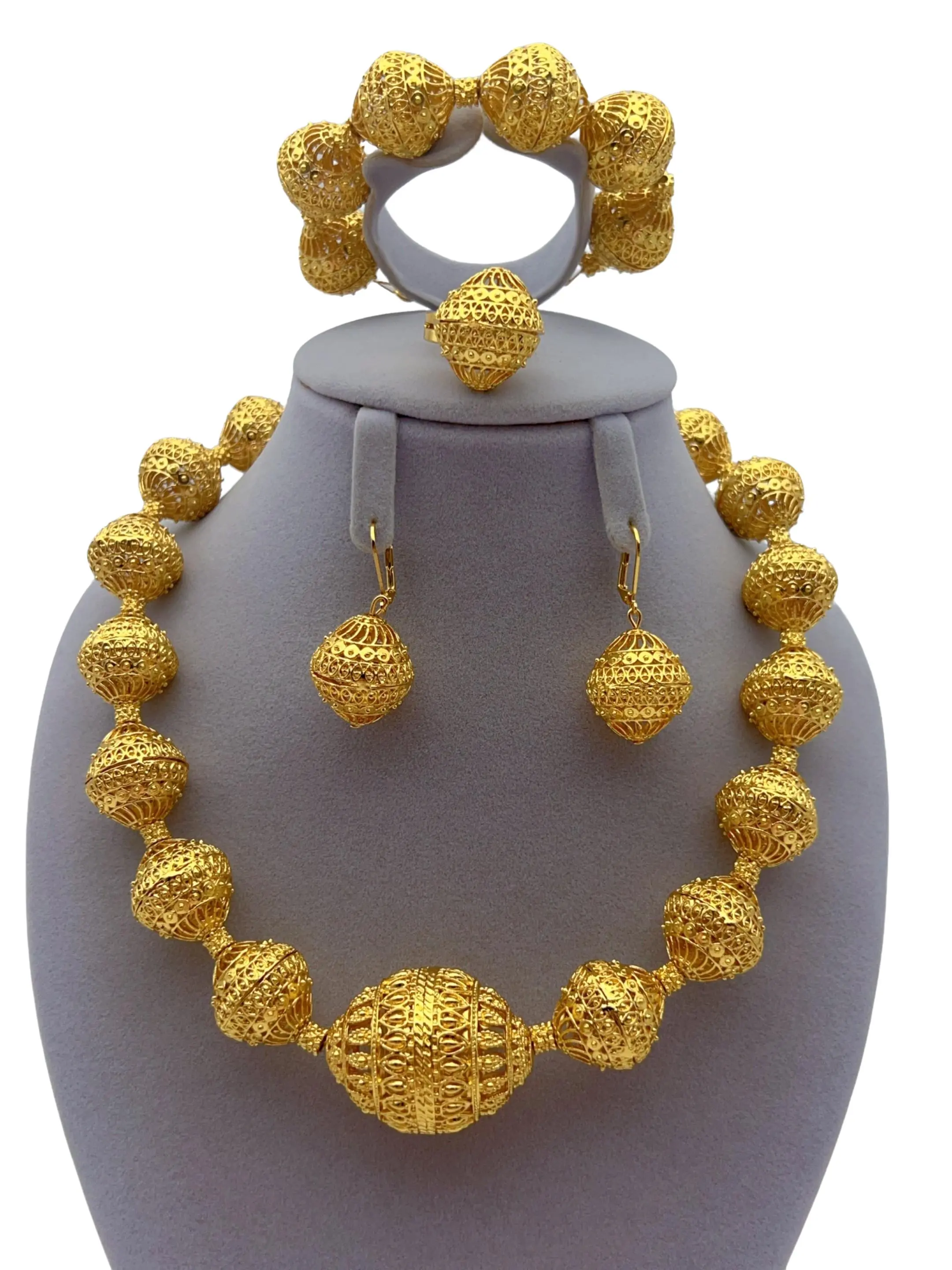 4-Piece African Bead Jewelry Set, Dubai Necklace Bracelet Ring Earrings, Elegant Party Accessories, Wedding Gift