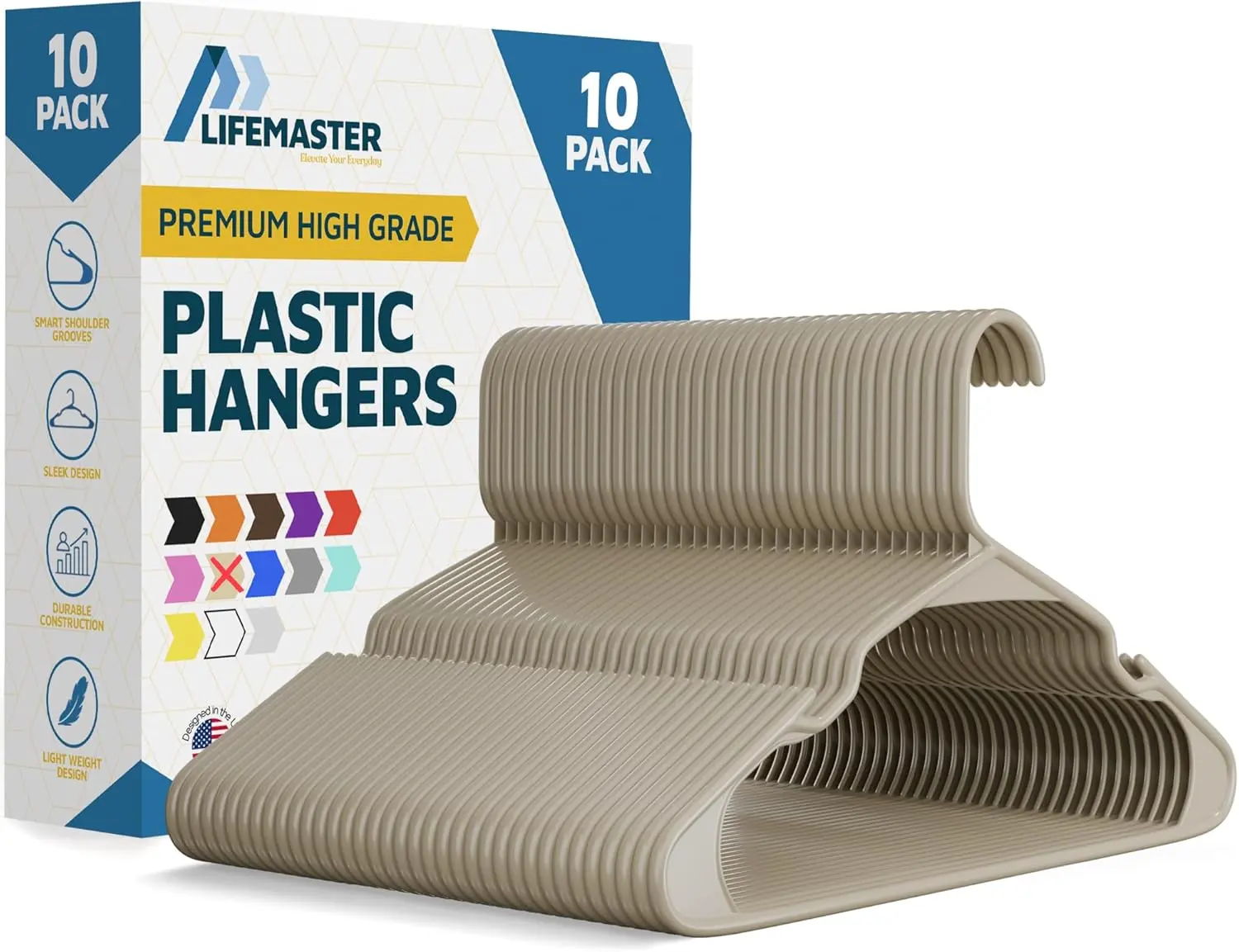 Lifemaster Plastic Hangers For Clothes Organization Heavy Duty 5 lbs Support Non Slip Shoulder Grooves Ivory 10 Pack