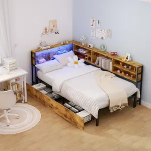 Twin Corner Bed Frame with Storage, Twin Size Captains Bed with Charging Station and LED Light, Wood Daybeds with L-Shaped Bookcase and 2 Drawers, Brown