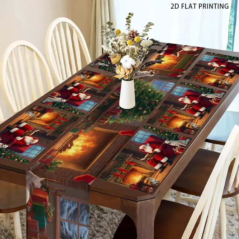2D flat printing, 1 piece/4 pieces/6 pieces/5 pieces set/7 pieces set, Santa Claus fireplace pet pattern table flag and set, Kitchen Decorative Placemat, suitable for kitchen and dining table accessories for daily and holiday celebrations