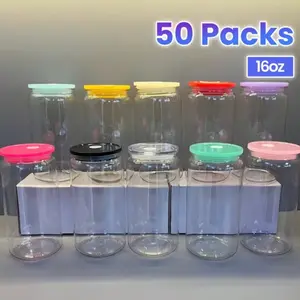50pcs 16oz Clear Plastic Tumblers Mugs with Colorful Lids and Straws - Ideal for Vinyl Projects, Office, Home, and Holiday Celebrations Drinkware Bottle Water Bottles