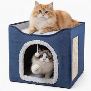 Cat Houses for Indoor Cats - Large Cat Bed Cave with Scratch Pad and Fluffy Ball, Foldable Cat Condo Hideaway with Reversible Cushion, All Seasons Use, for Multiple Small Pets, Dark blue Apartment, Easter