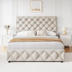 Gaomon Queen Fit Linen Fabric Wood Platform Bed Frame - Sturdy Bed Frame with 4 Storage Drawers, Adjustable Headboard, Diamond Stitched Button Tufted Design, Easy Setup, No Box Spring Needed, Beige