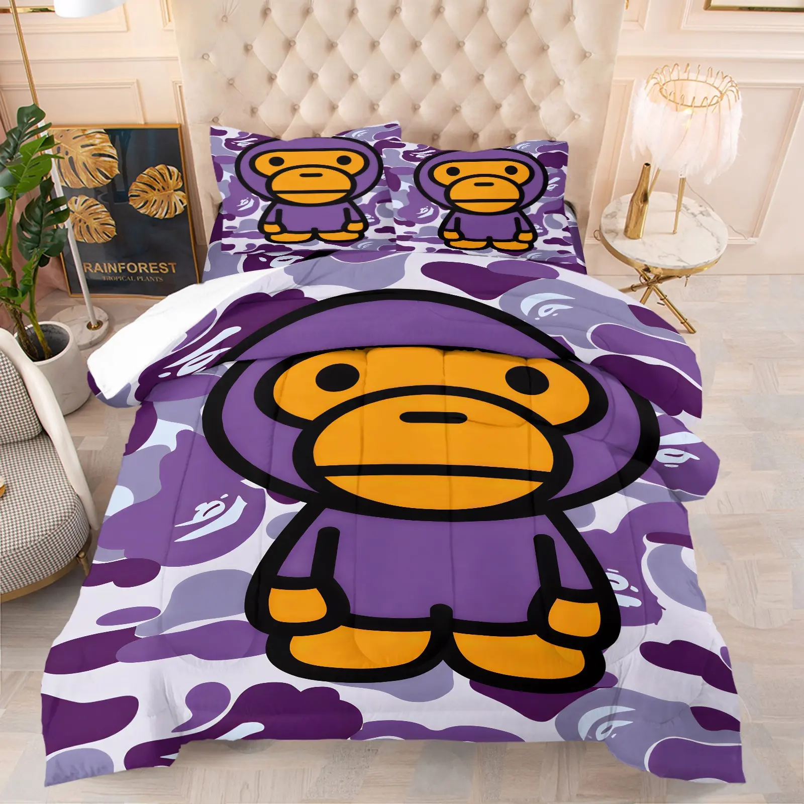 2/3Pcs Streetwear Blue Camo Print Comforter Set, Includes 1 Comforter and 1 or 2 Pillowcases, Cartoon Monkey Pattern, Soft and Comfortable, Street Style Bedroom Decor, An Ideal Gift for Street Fashion Enthusiasts, Printed Bedding Set