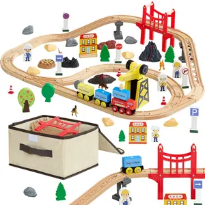 【Summervibes】VEVOR 70PCS Wooden Train Set, with Magnetic Crane, Wood Train Track Toy for Kids Ages 3-8, Construction Crane Railway Set, Compatible with Major Brands, Christmas Birthday Toy for Toddlers Boys Girls