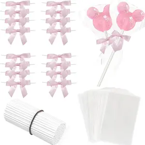 100 Sets Cake Pop Sticks and Treat Bags Kit Including 100 Cakepop Wrappers with 100 Pink Bow Ties and 100 Lollipop Sticks for Rice Krispies, Candies, Chocolate, Wedding Christmas Packaging