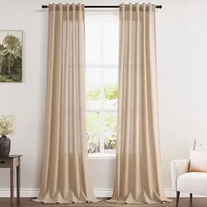 Tan Semi Sheer Curtains 108 Inches Long 2 Panels Set Back Tab Loop Pocket Linen Blend Boho Large Window Curtain Extra Long Light Filtering Drapes High Ceiling Drape for Living Room 40x108