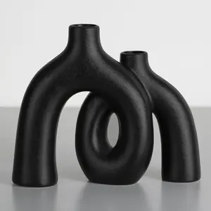Modern Nordic Boho Vase Set - Elegant Black Matte Ceramic  Decor for Living Room, Bookshelf, Mantel, Entryway Table & Console Decor | Shelf Decorations