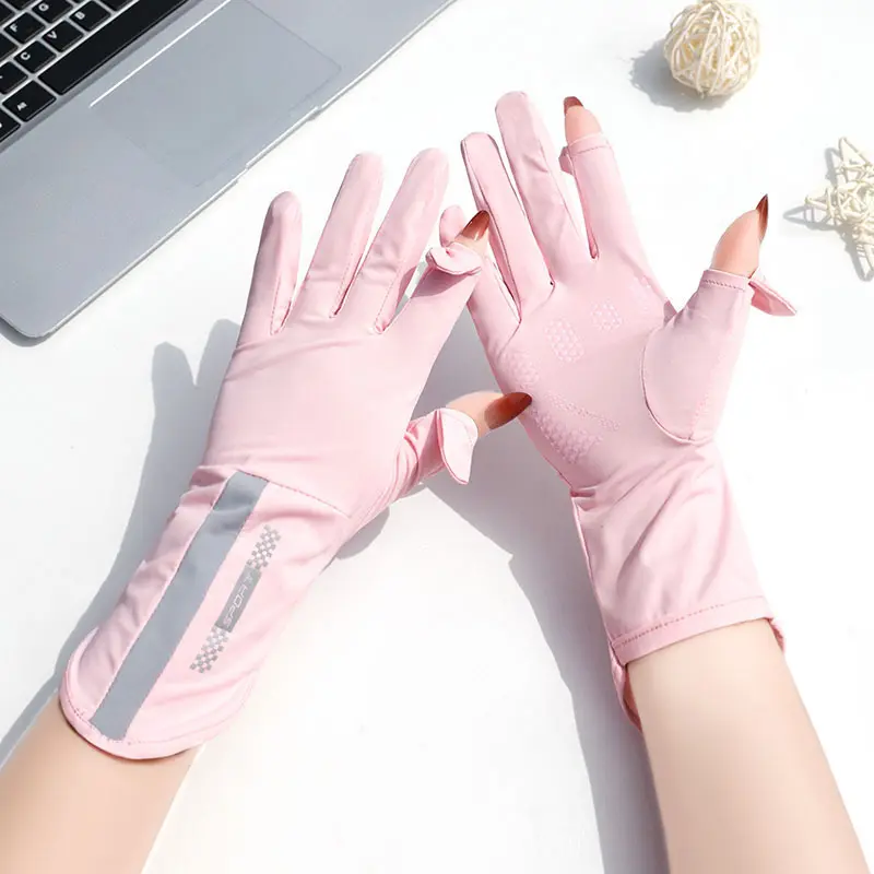 2-Pack Summer Sunscreen Gloves Women Thin Ice Silk Anti-ultraviolet Dew Finger Touch Screen Driving Riding Non-slip Breathable UPF 50