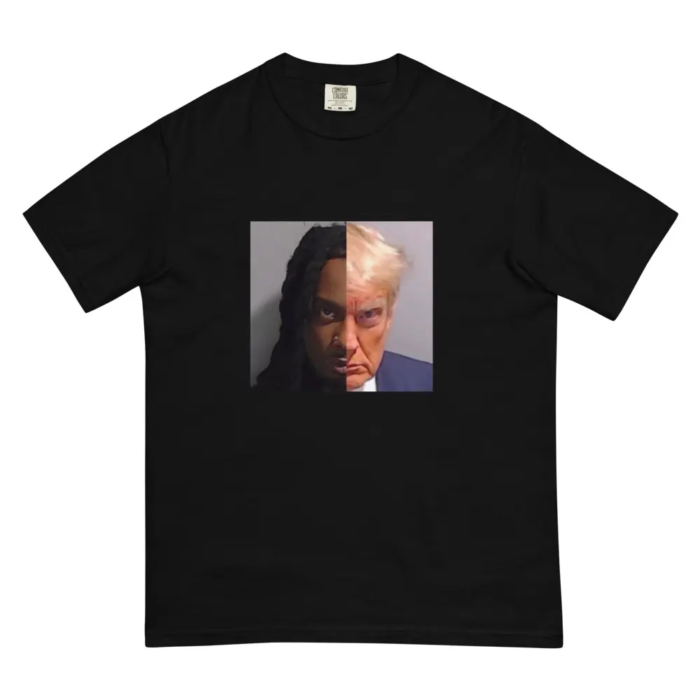 Men's Trump-Carti "He Think He Carti" Split Face Mugshot T-Shirt, Cotton Fabric, Relaxed Fit, Casual Round Neck Streetwear Short-Sleeve Sports Top