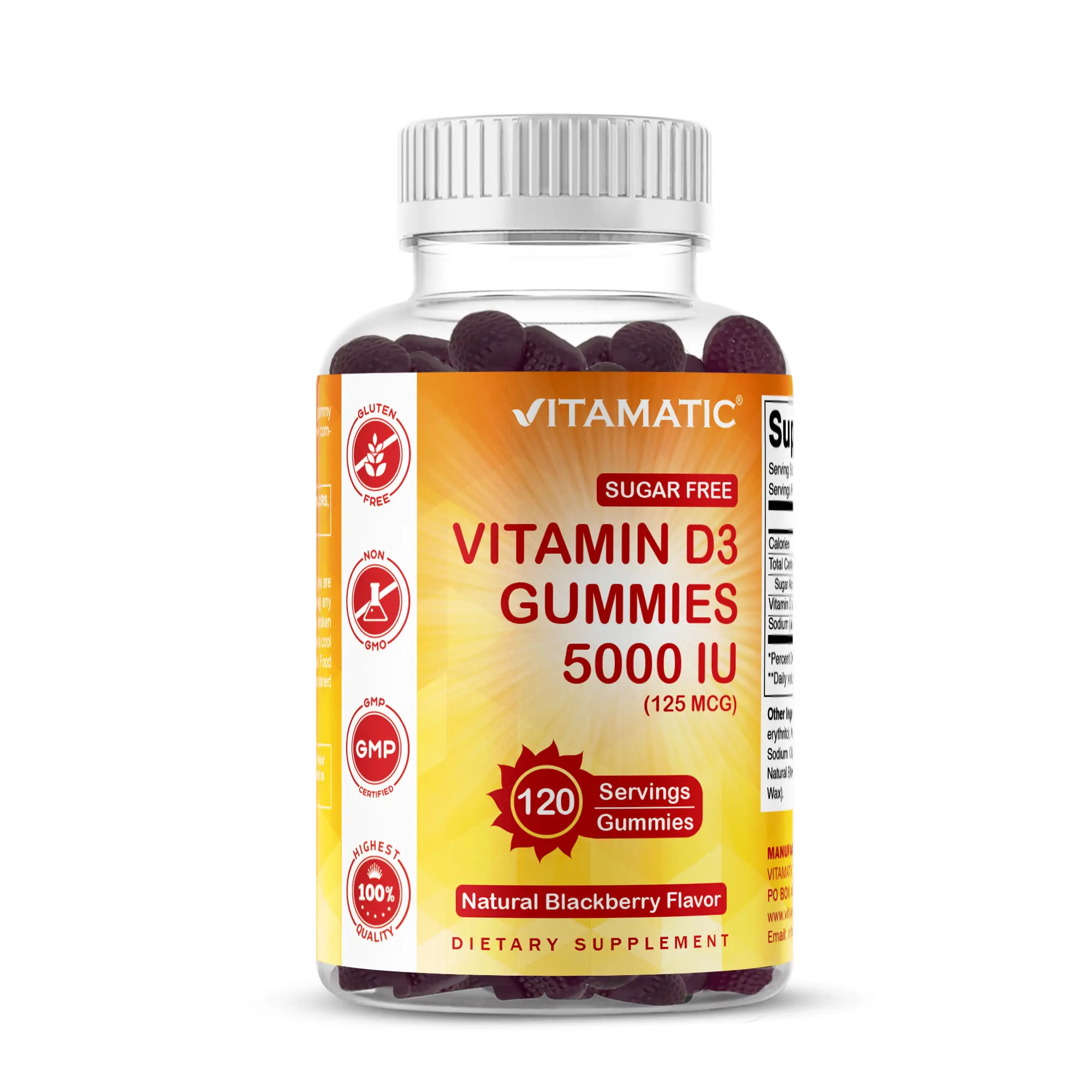 Vitamatic Sugar-Free Gluten-Free Chewable Dietary Vitamin D3 5000 IU Gummies - 120 Count, Non-GMO, Great Taste, 24 Months Shelf Life, Allergy & Immune Support, Bone Health Supplements