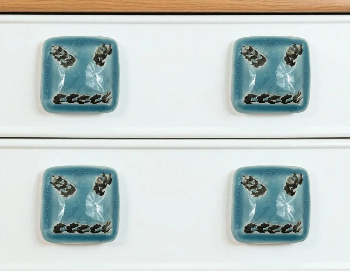 360 stand Distressed Teal Ceramic Square Drawer Pull Knobs - Set of 6, Distressed Finish, Hand-Painted, Includes Screws