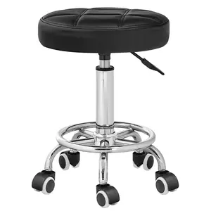 HOOBRO Round Rolling Stool with Wheels, Height Adjustable Swivel Stool, PU Leather Chair, Swivel Drafting Chair with Footrest, for Beauty Shop, Hair Salon, Bar, Studio, Black and Silver
