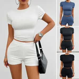 Solid Color Slim Sports Suit - 2Pcs Short-sleeved Round Neck T-shirt - Fashion Womens Clothing