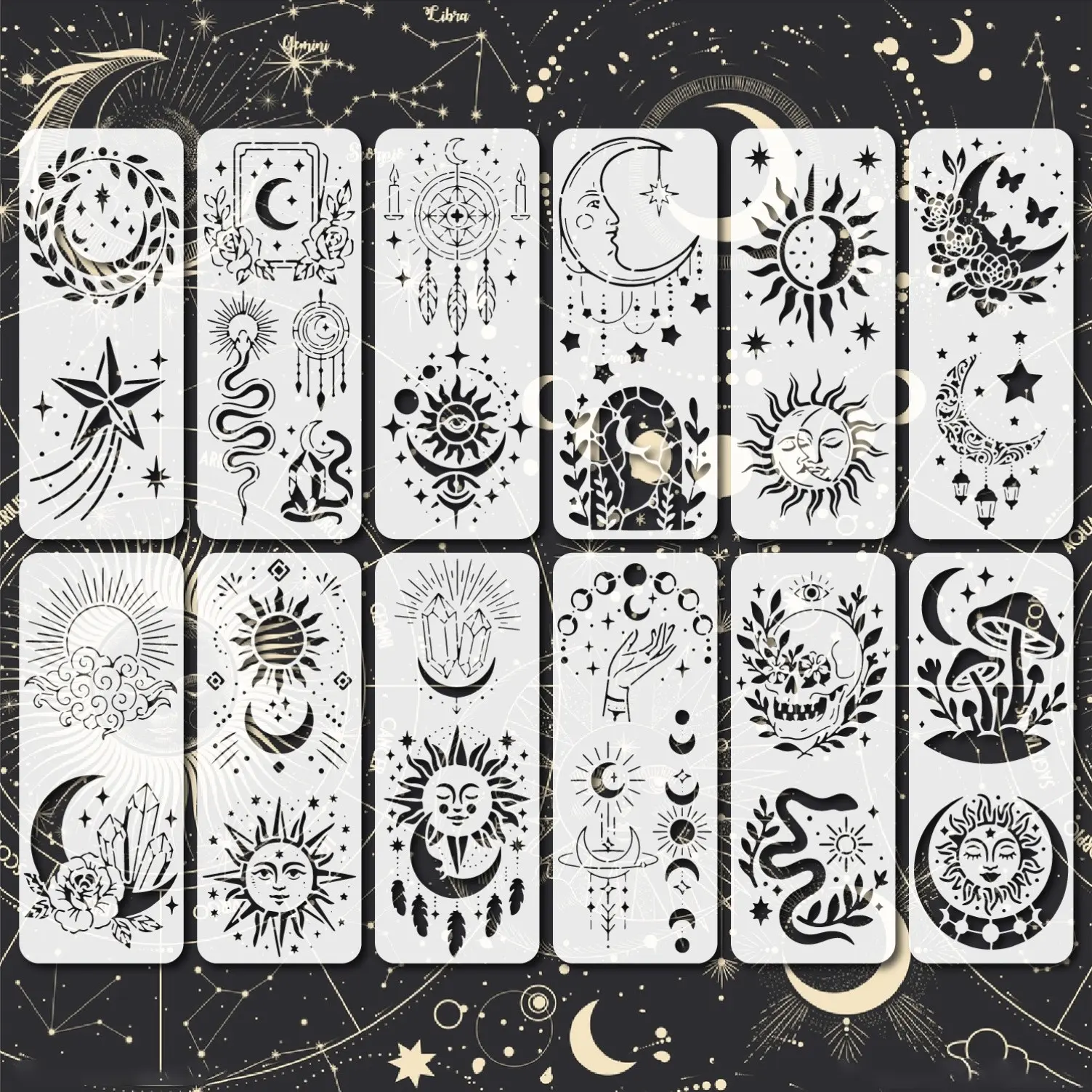 12-Piece Bohemian Sky Stencil Set, Reusable Pet Painting Templates, Art Craft Making Supplies, Scrapbook Materials, Scrapbooking Tool, Featuring Sun, Moon, Stars, and Mystical Elements for Journals, Walls, Fabrics, and Crafts