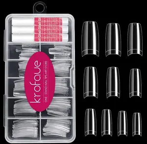 krofaue 100PCS Clear False Nails Tips and Nail Gule Kit, Half Cover Lady French Style Acrylic Artificial Tips 3Pcs Nail Glue for Nail Extension kit Nail Tips Art Salons and Home DIY